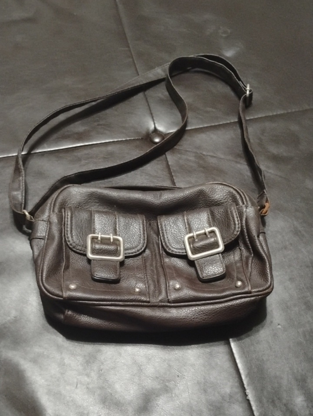 Brown Leather Crossbody Bag with Buckle Pockets